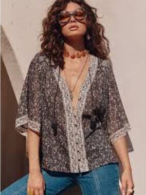 Spell Little Bird Flutter Sleeve Blouse in Midnight